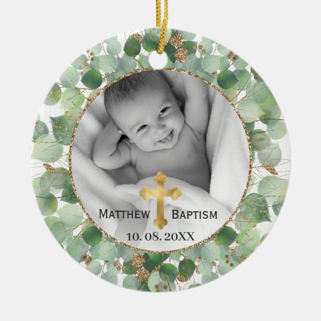 Ornamento De Cerâmica Eucalyptus Baby Baptism Dourado verde Foto (Frente)