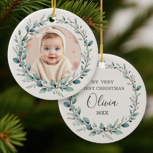 Ornamento De Cerâmica Eucalyptus Baby Primeira Foto De Natal Minimalista
