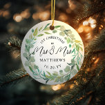 Ornamento De Cerâmica Eucalyptus Newlyweds 1rua de Natal Sra. & Sra.<br><div class="desc">Para a Sra. e Sra. Lesbian Newlyweds. Personalize o texto e a cor de fundo do evento. A camada de água de Eucalipto pode ser dimensionada ou removida. Foto no verso.</div>