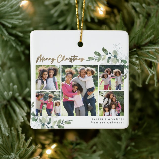 Ornamento De Cerâmica Eucalyptus Photo Gold Foil Feliz Natal (Árvore)