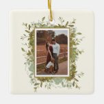 Ornamento De Cerâmica Eucalyptus Wedding Photo<br><div class="desc">Um belo presente nesta temporada de festas. Este bonito Enfeites de natal de eucalipto pode ser facilmente personalizado com uma fotografia e um monograma especiais.</div>