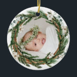 Ornamento De Cerâmica Eucalytus e Pine Wreath Baby Photo Christmas<br><div class="desc">É a época mais maravilhosa do ano! Adicione um sotaque verde rústico à sua árvore de Natal com o primeiro ornamento de fotos de Natal deste bebê personalizado. Apresenta algodão de aquarela, folhas de eucalipto e pinheiros. Personalize adicionando fotos, cartões de natal, ano e assinatura da família. Posicione sua foto...</div>