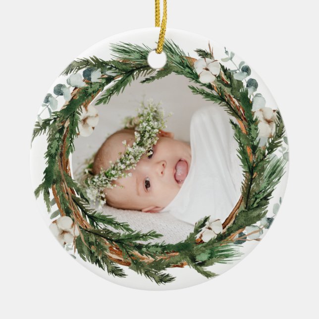 Ornamento De Cerâmica Eucalytus e Pine Wreath Baby Photo Christmas (Frente)