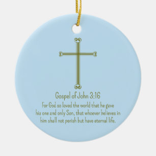 Ornamento De Cerâmica Evangelho de João 3:16 Cruz Dourada Simples Azul C