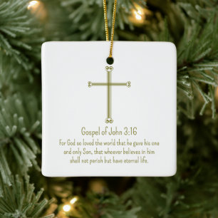 Ornamento De Cerâmica Evangelho de João 3:16 Cruz Dourada Simples Branca