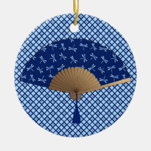 Ornamento De Cerâmica Fã japonês, teste padrão da libélula, azul cob