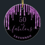 Ornamento De Cerâmica Fabuloso aniversário de brilho de brilho roxo pret<br><div class="desc">Uma moda e glamourosa ornamentação de 50 anos (ou qualquer idade). Um fundo preto clássico, decorado com púrpura escura, púrpura, pingos de brilho, pintura pingando. Com o texto: 50 e fabuloso. Personalize e adicione um nome. Texto cor púrpura. A palavra Fabuloso é escrita com um moderno estilo escrito à mão...</div>