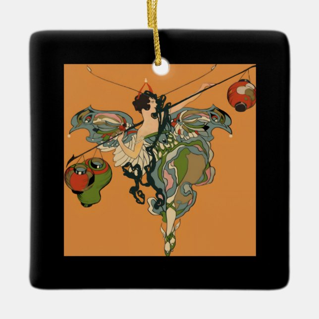 Ornamento De Cerâmica Fada Bailarina Com Lanternas (Frente)