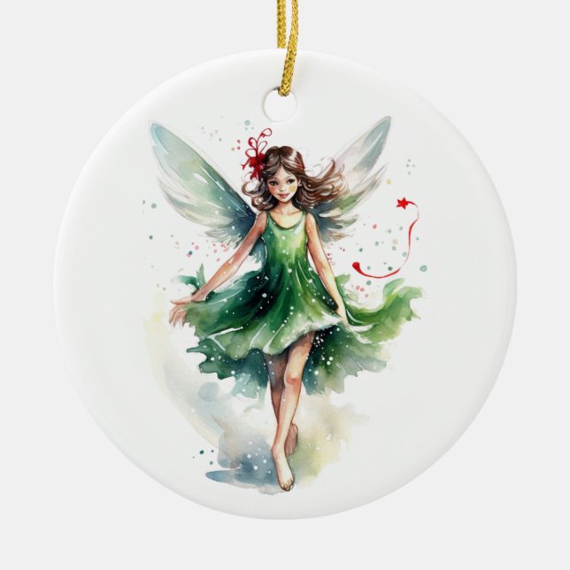 Ornamento De Cerâmica Fada de Natal com Aquarela (Frente)