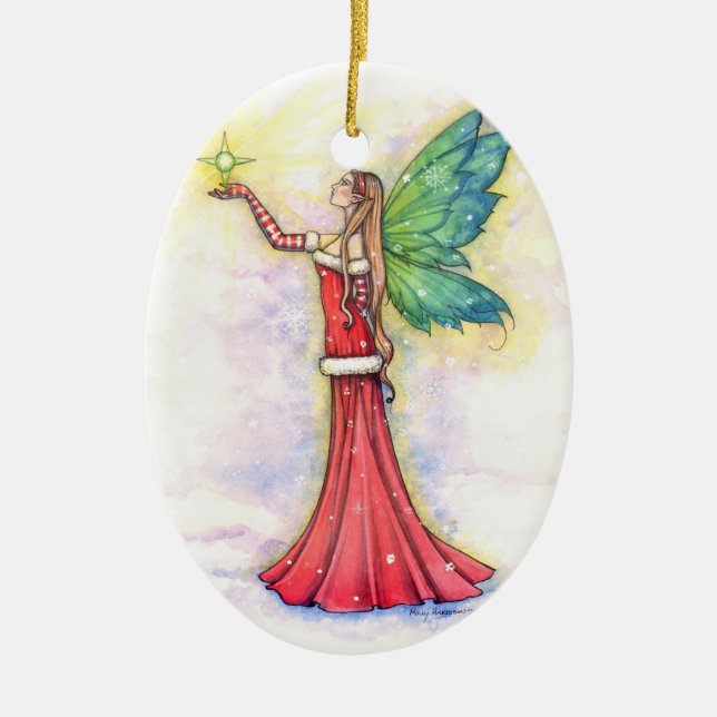 Ornamento De Cerâmica Fada de Natal e Estrela (Frente)