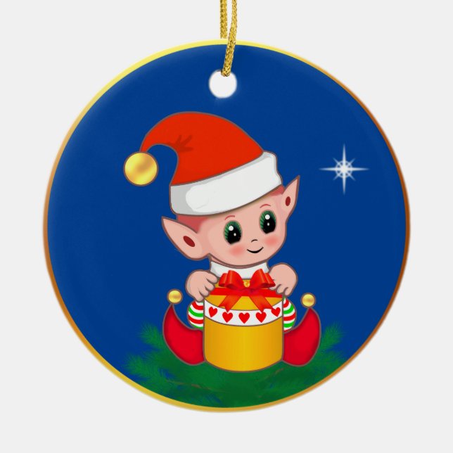 Ornamento De Cerâmica Fada de Natal fofa & estrela em azul (Frente)