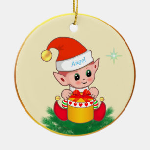Ornamento De Cerâmica Fada de Natal fofa & estrela em marfim