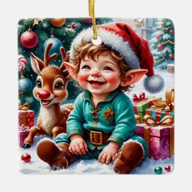 Ornamento De Cerâmica Fada de Natal Fofo & Rena  (Frente)