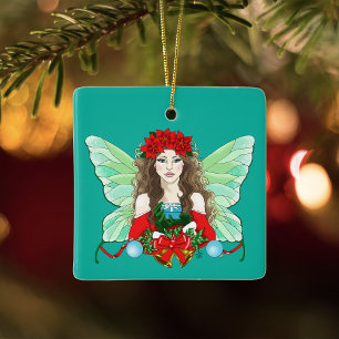 Ornamento De Cerâmica Fada de Natal Morena Vermelha Verde Poinsettias