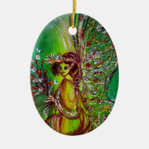 ORNAMENTO DE CERÂMICA FADA DE NATAL VERDE COM PEDRA PRECIOSA EMERALDA