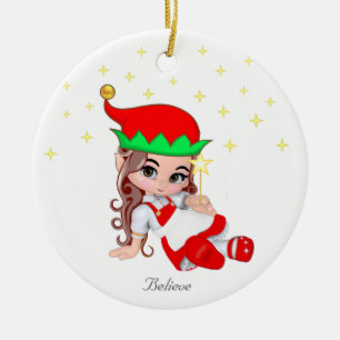 Ornamento De Cerâmica Fada do Natal Vestida de Vermelho & Estrelas
