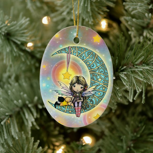 Ornamento De Cerâmica Fada doce e Gatinhos na lua (Árvore)