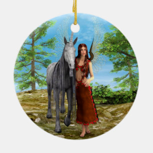 Ornamento De Cerâmica Fada e Unicórnio