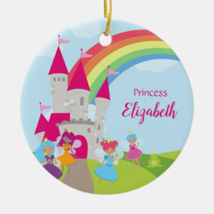 Ornamento De Cerâmica Fada Princesa Rainbow e Castle Girl Christmas
