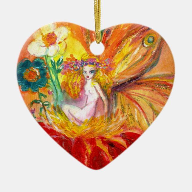 Ornamento De Cerâmica FAIRY OF FLOWERS Vibrant Red Ruby Heart (Frente)