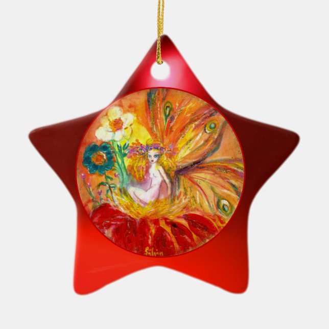 Ornamento De Cerâmica FAIRY OF FLOWERS Vibrant Red Ruby Star (Frente)