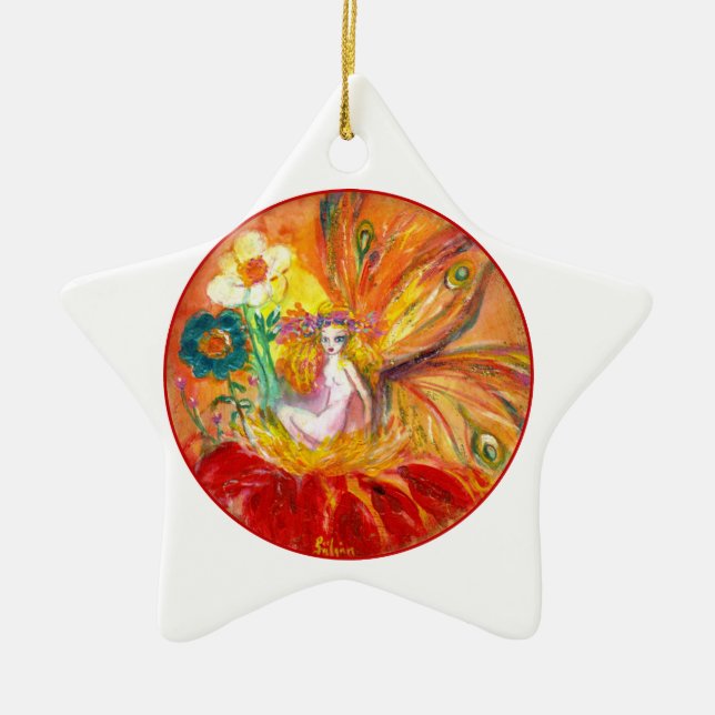 Ornamento De Cerâmica FAIRY OF FLOWERS Vibrant Red Ruby Star (Frente)