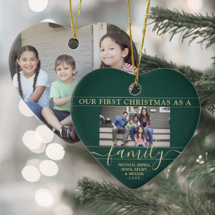 Ornamento De Cerâmica Família 2 Foto Primeiro Natal Verde e Dourado Cor