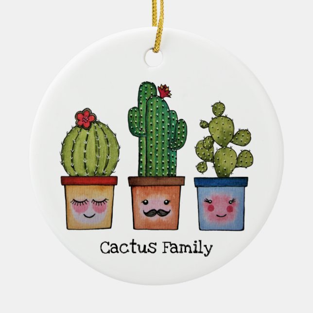 Ornamento De Cerâmica Família Cute Cactus Em Aquarela (Frente)