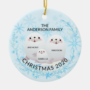 Ornamento De Cerâmica Família de 3 Focas de Inverno Fofo Natal