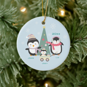 Ornamento De Cerâmica Família de 3 pinguins e árvore de Natal