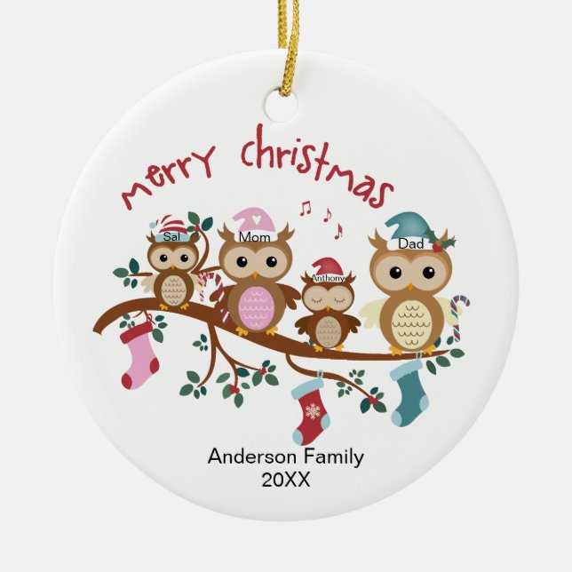 Ornamento De Cerâmica Família de 4 urugueiras no Natal (Frente)