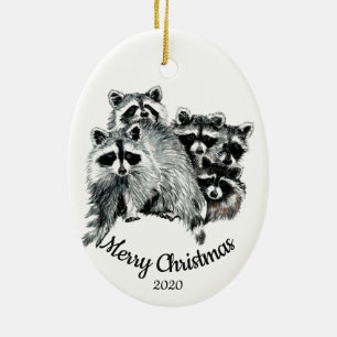 Ornamento De Cerâmica Família de cinco guaxinins de Natal Datado