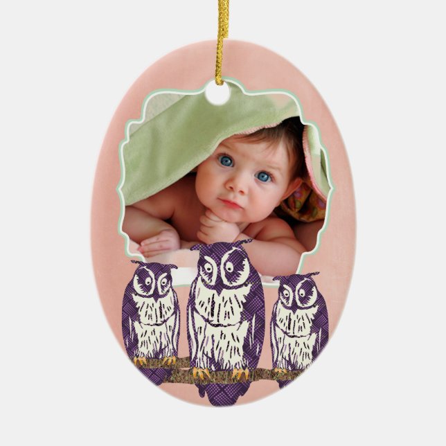 Ornamento De Cerâmica Família de Corujas Geométricas Estilizadas Roxas (Frente)