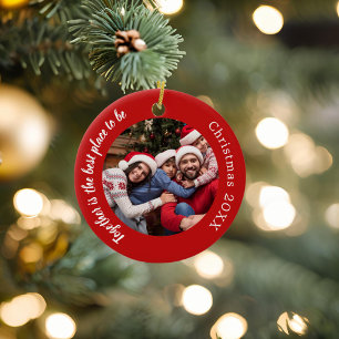 Ornamento De Cerâmica Família de fotos vermelhas juntas, citando o Natal