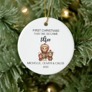 Ornamento De Cerâmica Família de Leão Fofo de Natal de Três
