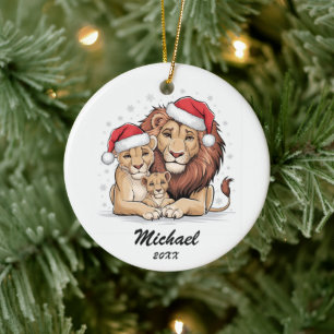 Ornamento De Cerâmica Família de leões de Natal personalizada com chapéu