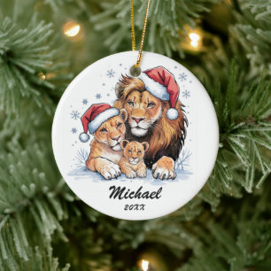 Ornamento De Cerâmica Família de leões de Natal personalizada com chapéu
