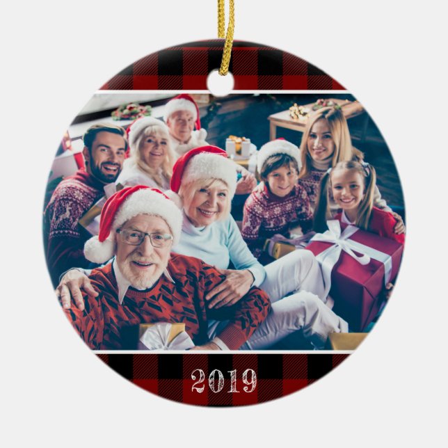 Ornamento De Cerâmica Família de Natal Rustic Red Buffalo Xadrez (Frente)