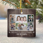 Ornamento De Cerâmica Família de Natal Rustic Wood 6 Photo Collage<br><div class="desc">Rústica Wood 6 Foto Colagem de Natal Ornament Cerâmico. Fundo russo de madeira escura,  6 fotos,  desejo Feliz de Natal,  nome da família e ano. Adicione 6 fotos favoritas e personalize o texto. Belo amor de Natal ou presente para sua família e amigos.</div>