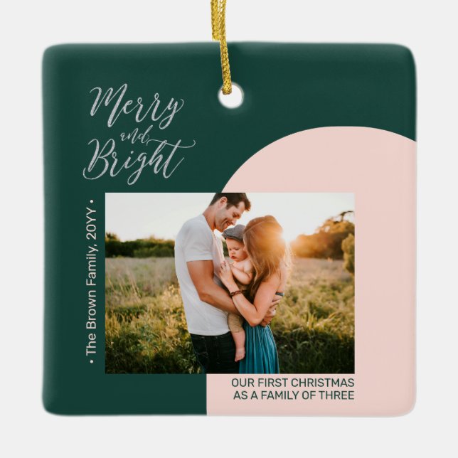 Ornamento De Cerâmica Família de Natal Verde e Silver Moderno (Frente)