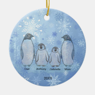 Ornamento De Cerâmica Família de Quatro Pinguins no Natal