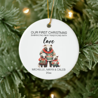 Ornamento De Cerâmica Família de Texugos de Natal de Três
