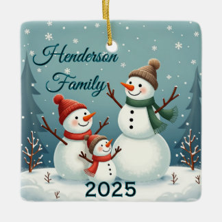 Ornamento De Cerâmica Família de Três Bonecos de Neve Personalizados