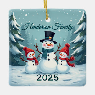 Ornamento De Cerâmica Família de Três Bonecos de Neve Personalizados