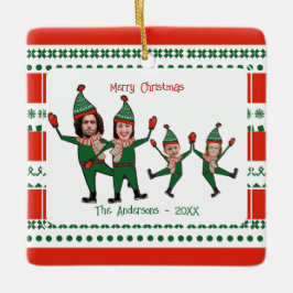 Ornamento De Cerâmica Família Engraçada de Elf de Quatro Fotos do Natal 