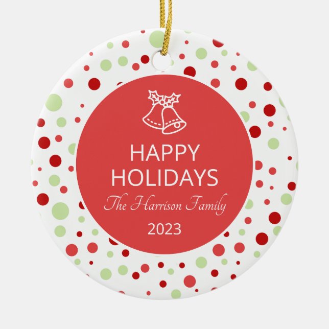 Ornamento De Cerâmica Família Feliz Feriados da Bolinhas Jingle Bell (Frente)
