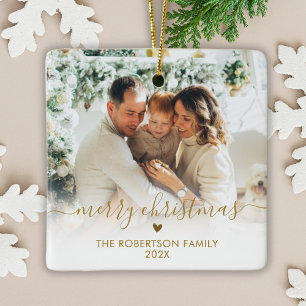 Ornamento De Cerâmica Família Foto Elegante Dourado Script Feliz Natal  