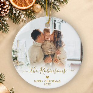 Ornamento De Cerâmica Família Moderna Dourada Foto de Natal Feliz Natal 