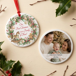 Ornamento De Cerâmica Família Nostálgica de Três Foto do Primeiro Natal