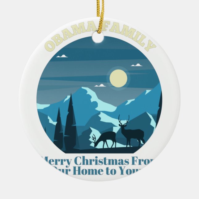 Ornamento De Cerâmica Família Obama Feliz Natal de Nossa Casa (Frente)